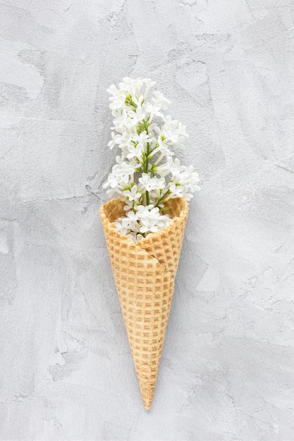 Flores lilás brancas na casquinha de sorvete Fundo abstrato da primavera
