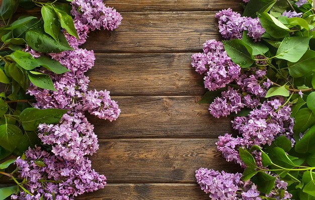 Las flores lilas florecientes yacen sobre un fondo de madera