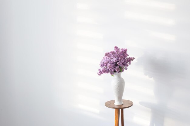 Flores lilas en jarrón blanco sobre fondo de pared blanca