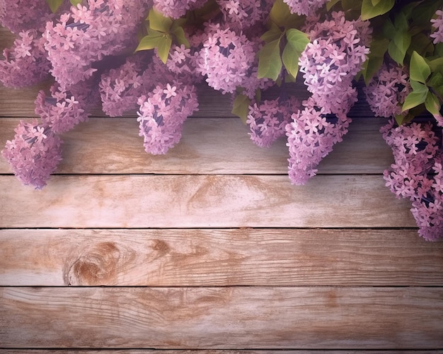 Flores lilas sobre una mesa de madera