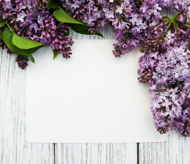 Flores lilas con tarjeta vacía.