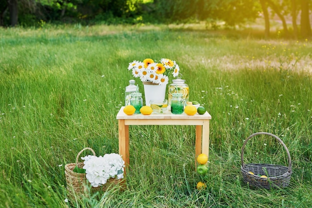 Flores de limonada y Margarita en la mesa. Mason jarra de limonada con limones. Picnic al aire libre.
