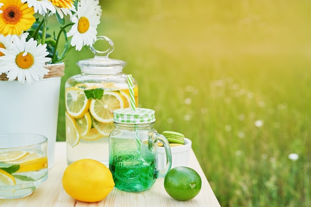 Flores de limonada y Margarita en la mesa. Mason jarra de limonada con limones. Picnic al aire libre.