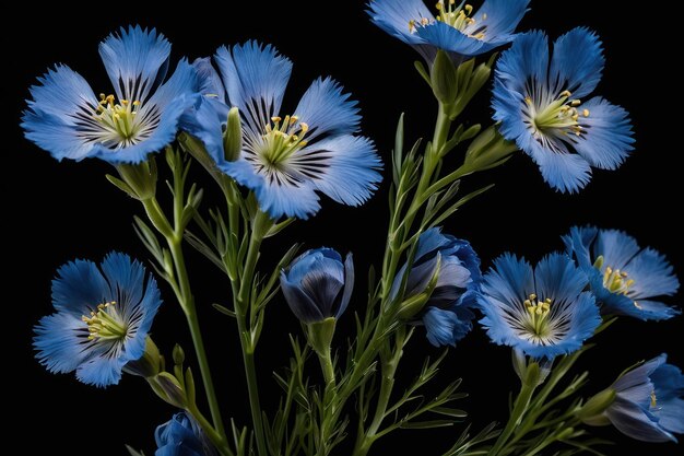 Flores de lino azules aisladas sobre un fondo negro