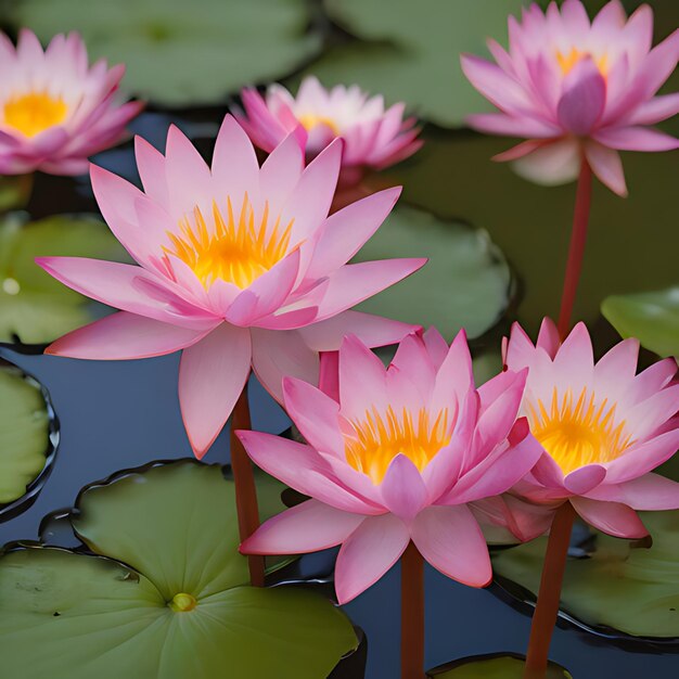 flores de lirio de agua rosadas con centros amarillos y hojas púrpuras en un estanque