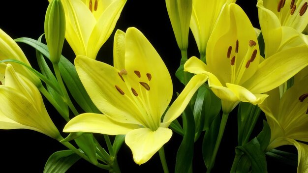 Foto las flores de lirio amarillo en flor timelapse fondo negro