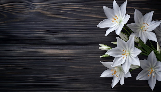 Flores de lirio blanco sobre fondo de madera Vista superior con espacio para copiar