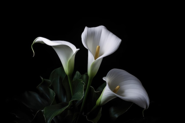 Flores de lirio de cala blanco sobre fondo negro Ai generativo