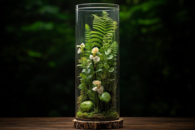 Foto flores de lirio en un terrario de vidrio con musgo y helechos para una vibra de bosque