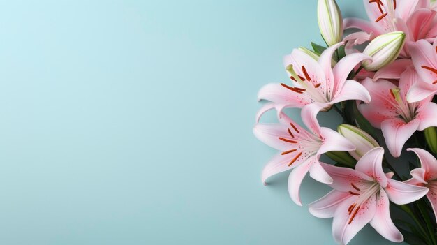 Foto flores lirios rosados en un fondo azul composición copia plantilla de espacio para el texto