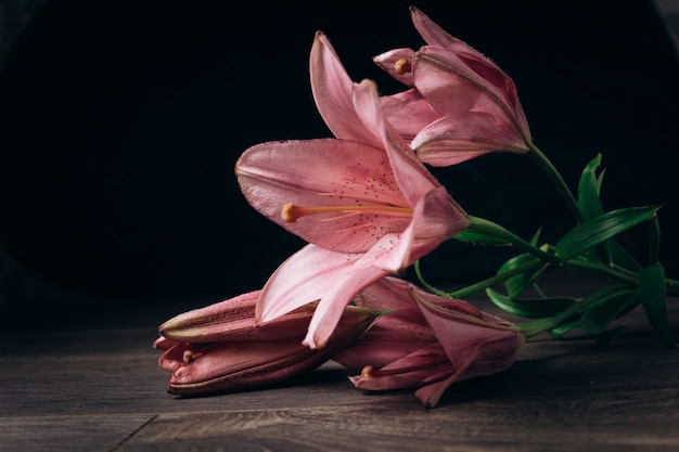 Flores de lirios sobre fondo de madera oscuro con espacio de copia