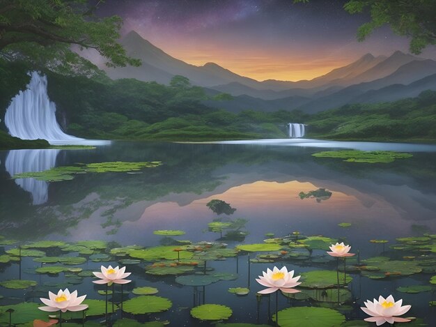 las flores de loto blancas crecen en un lago con un telón de fondo de montañas forestales y una cascada