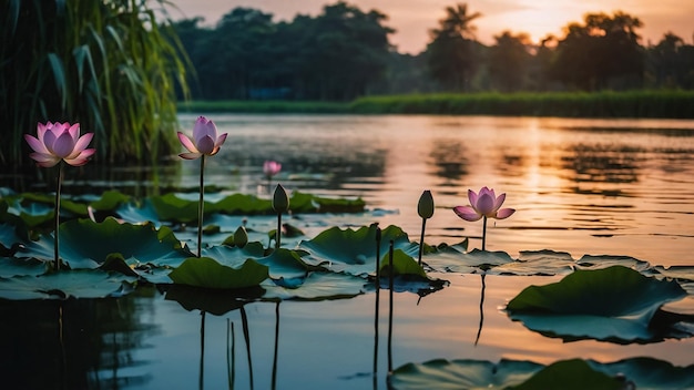 flores de loto en un estanque con una puesta de sol en el fondo