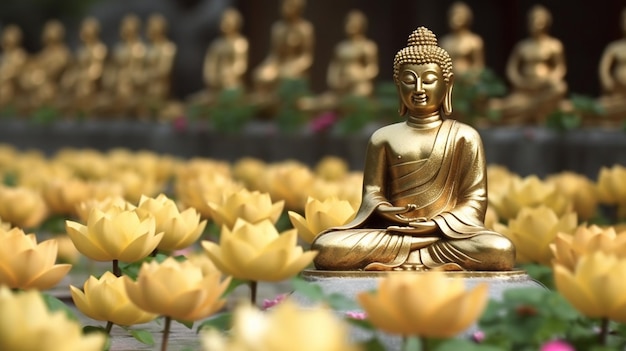 Flores de loto y estatua dorada de buda IA generativa