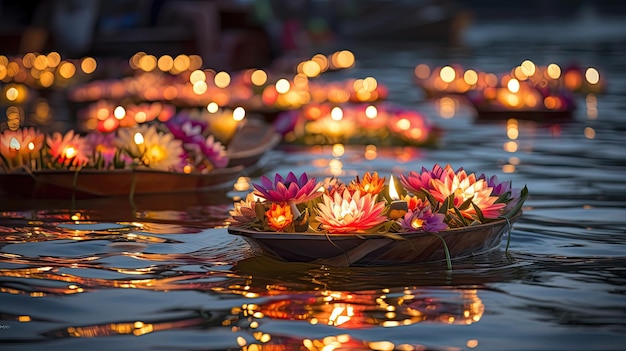 Foto flores de loto flotando en el agua con el sol reflejándose en ellas.
