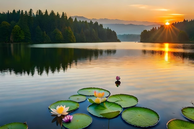 Flores de loto en un lago con montañas en el fondo