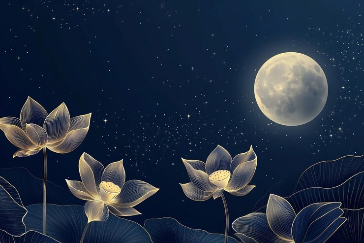 flores de loto con la luna en el fondo