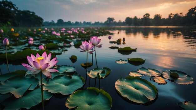 flores de loto rosas en el agua con un fondo de puesta de sol