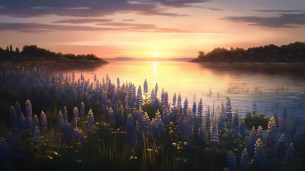 Flores de lupino en el fondo del sol poniente en el lago generativo ai