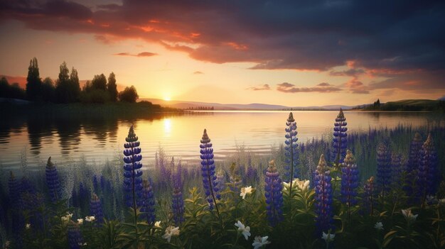 Flores de lupino en el fondo del sol poniente en el lago generativo ai