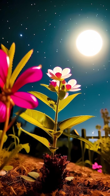 Flores bajo la luz de la luna en la noche