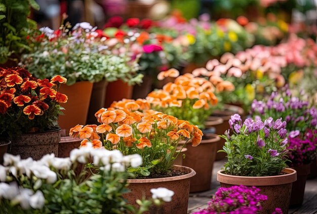 Flores en macetas para la venta en el mercado callejero