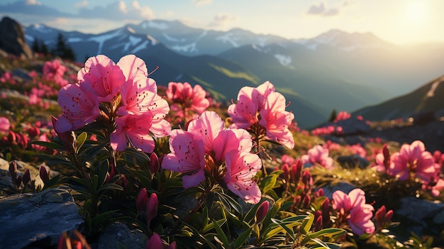 Flores mágicas de rododendros rosa na montanha de verão