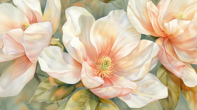 Flores de magnolia blancas con hojas verdes en un fondo claro La imagen es suave y soñadora con una sensación pictórica