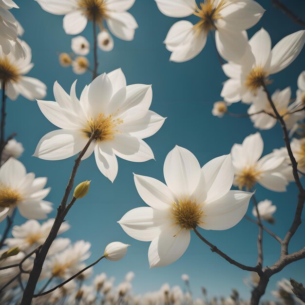 Foto flores de magnolia en un fondo de cielo azul imagen filtrada procesada efecto vintage generativo ai