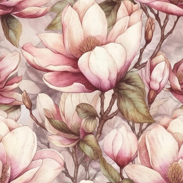 Flores de magnolia en una pintura de acuarela de rama