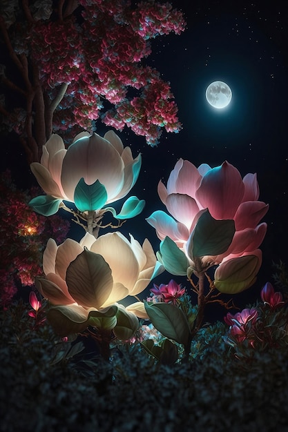 Flores de magnolia en las ramas por la noche con luna llena