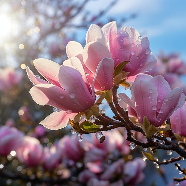 las flores de magnolia en las ramas el rocío de la mañana las gotas de agua en el jardín