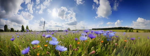 Foto las flores de maíz en un amplio campo con cielo azul y nubes blancas generan un hermoso paisaje