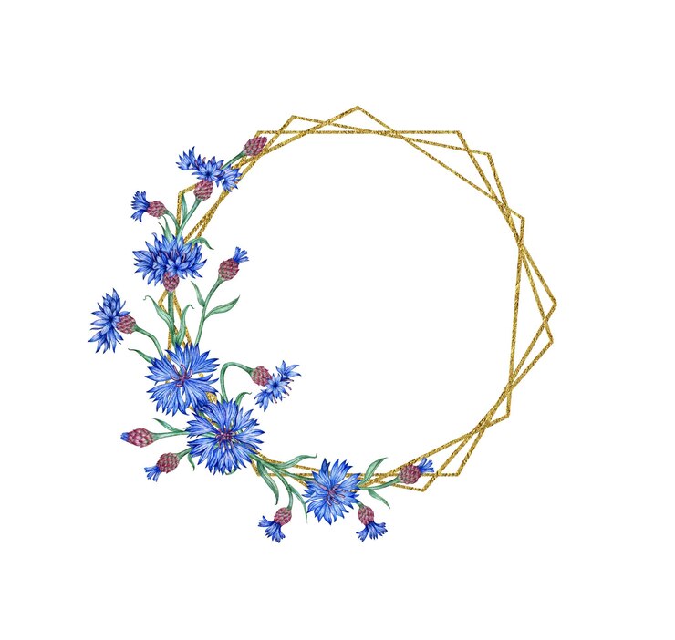 Foto flores de maíz flores azules marco geométrico hexagonal acuarela ilustración elemento de composición botánica aislado del fondo adecuado para cosméticos aromaterapia medicina tratamiento cuidado