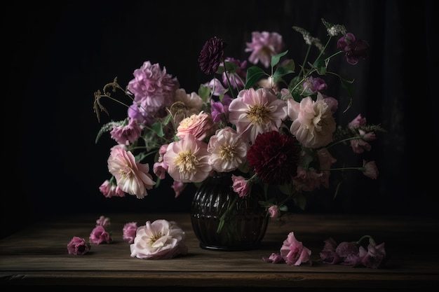 Flores malva e rosa em vaso na mesa de madeira escura criada com ai generativo