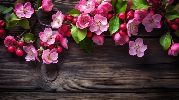 flores de manzana en fondo de madera con espacio para el texto