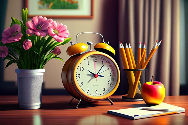 Flores de manzana de papelería escolar excepcional y reloj en la mesa en el aula Teacher39s Day