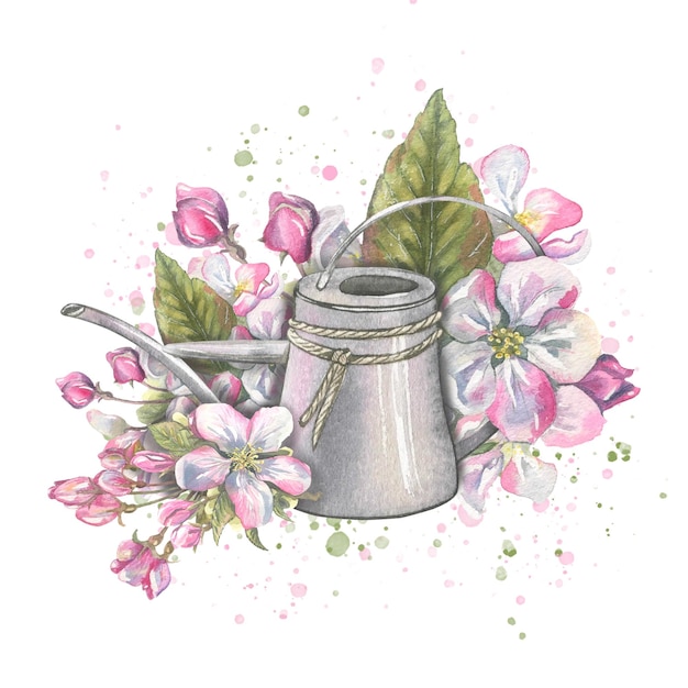 Flores de manzana con una regadera de jardín Una ilustración de verano suave Composición de acuarela para decoración y diseño de souvenirs postales carteles pancartas pegatinas