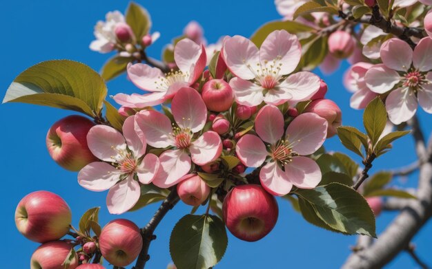 Foto flores de manzanas rojas rosas en el árbol naturaleza jardinería floral en el fondo del cielo azul del frente