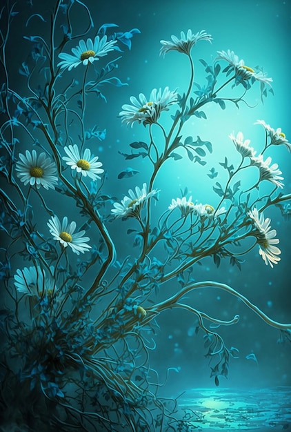 Flores de manzanilla blanca mágica en la noche azul