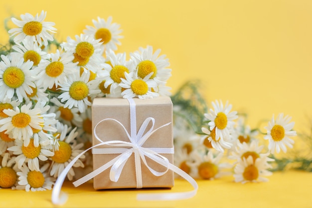 Flores de manzanilla y caja de regalo o presente en amarillo