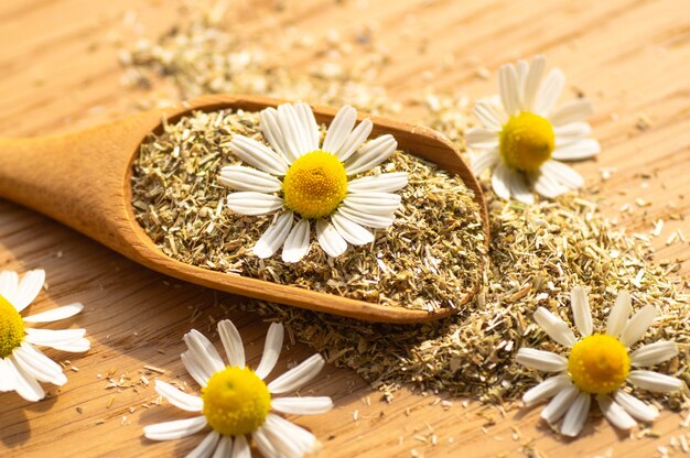 Flores de manzanilla y té de manzanilla