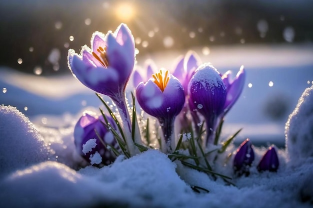 Las flores de margarita florecen de color púrpura en la nieve con un fondo bokeh borroso durante el amanecer