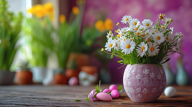 Flores de margarita y huevos de colores con tema de Pascua de fondo