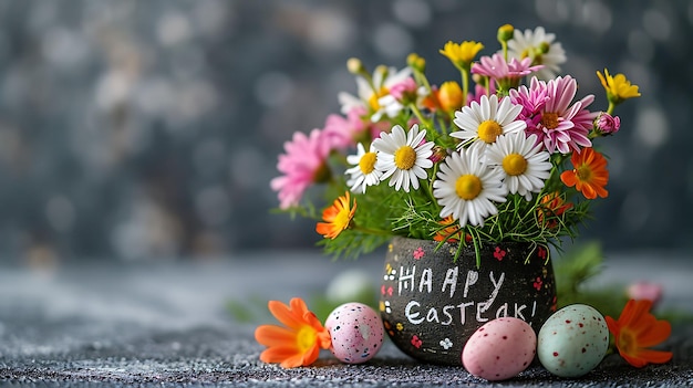 Flores de margarita y huevos de colores con tema de Pascua de fondo