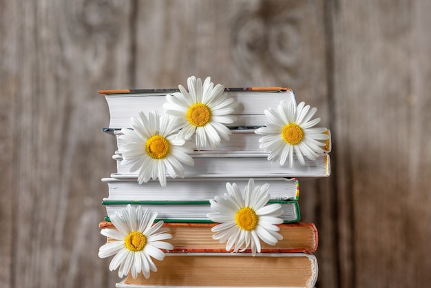 Flores de margarita y una pila de libros.