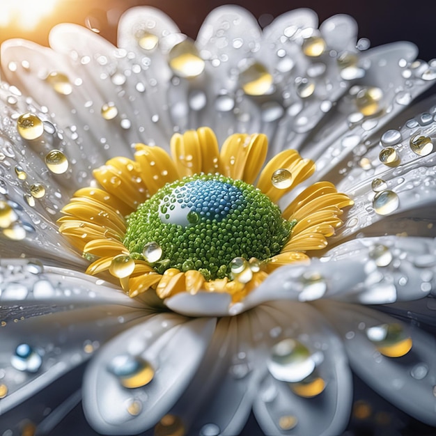 Flores de margarita realistas con gotas de agua de partículas ligeras