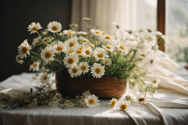 flores de margarita silvestre y mantel de lino blanco