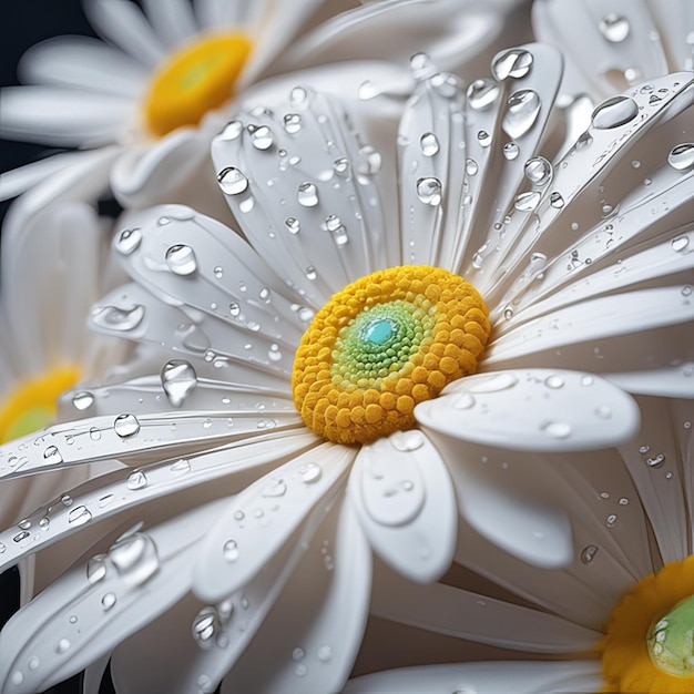 Flores de margaritas de primavera y verano con gotas de agua.