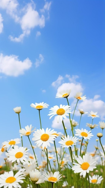 flores margaritas en verano prado de primavera en el fondo cielo azul con nubes blancas